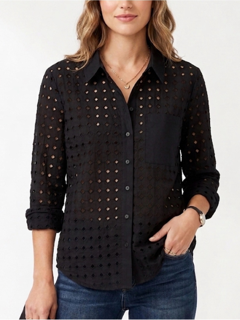 Evereve Black Geometric Eyelet Lace Button Down Shirt Size Medium